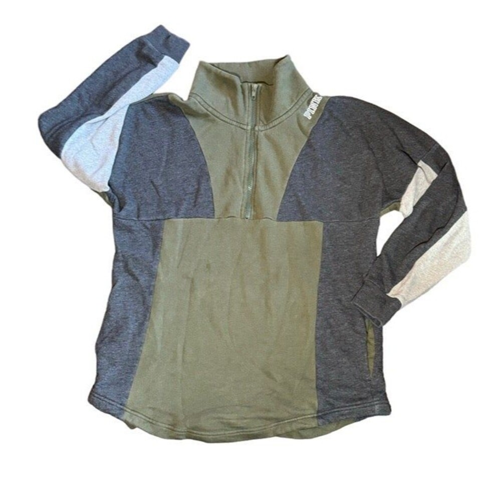 Victorias Secret Pink Color Block Quarter Zip Sweatshirt Olive Green Size Small